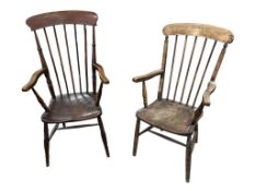 Two Victorian Windsor elm and beech armchairs, larger width 54cm, depth 44cm, height 111cm