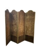An early 20th century machine tapestry four fold dressing screen, each panel width 58cm, height