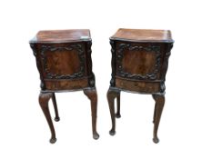 A pair of late 19th century Continental rosewood and beech bowfront bedside chests, width 34cm,