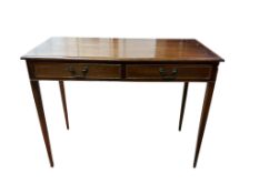 An Edwardian satinwood banded mahogany two drawer side table, width 104cm, depth 50cm, height 78cm