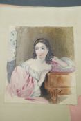 A mid 19th century embossed leather sketchbook, containing a selection of watercolours, two signed