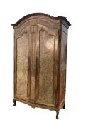 A 19th century French burr walnut and fruitwood armoire, width 160cm, depth 66cm, height 245cm