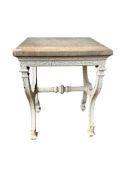 A Victorian square marble topped cast iron garden table, width 59cm, height 77cm