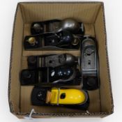 Six Stanley block planes, including a type one No.65 with non-adjustable throat, together with