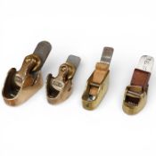 Four violin/ thumb planes, two by Ibex, one with flat sole and three with curved soles, widest