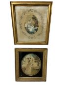 Two George III framed silk female figural pastoral embroideries. One embroidered with a seated