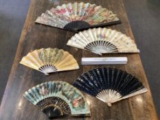 A mother of pearl and sequin fan, another with painted figural leaf in a E T Piver, Paris box, a