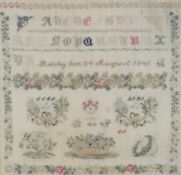 An unusual dated 24 August 1849, finely worked Danish sampler, worked with two rows of alphabet, the