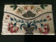 A rare late 17th century cream silk purse, possibly a bible bag, the front finely embroidered in