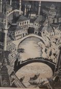 Bernard Rice (1900-1998), Balkan townscape, unsigned, woodcut print, 55 x 41cm