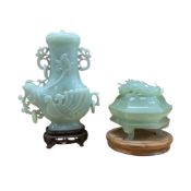 A bowenite jade covered vase and box, 20th century, both with stands.21cm and 12cm high