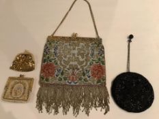 A late 19th century micro steel beaded evening bag and three purses, the bag with beaded fringe,