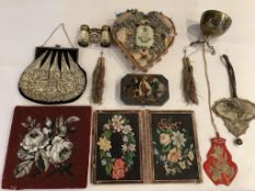 Assorted 19th century beadwork, wool work and later miscellaneous items, including; a heart shaped