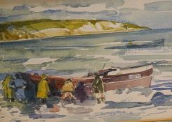 Tom Coates, RBA. (b.1941), ‘Fishermen Returning’, monogrammed, watercolour, 16.5 x 23cm