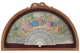 A 19th century bone brise, ornately hand painted figural French fan, within a gilt frame. 50cm