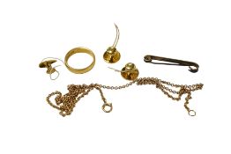 Two 18ct dress studs, 3 grams, a 10ct dress stud, 0.5 grams, a 22ct gold wedding band, 4 grams, a