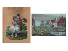 Two 19th century framed Danish colourfully embroidered beadwork pictures. One of a farmyard scene