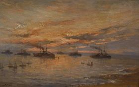 Charles Gray Kennaway (1860-1925), Scottish coastal view with British naval ships, signed, oil on