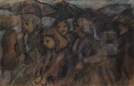 20th century school, Figures with umbrellas, indistinctly signed, pastel and charcoal, 28 x 44cm
