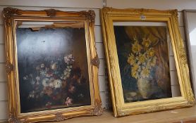 Dutch Style, still life’s of flowers, one indistinctly signed and on board, the other on canvas,