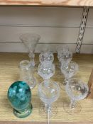 A Jacobite-style wine glass, set of eight Jacobite- sympathy glasses and a Victorian dump weight,