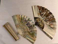 A 19th century Spanish parchment and abalone fan the leaf painted with a figurative interior