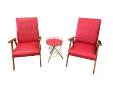 A pair of mid century beech lounge chairs, width 62cm, depth 70cm, height 84cm together with a small