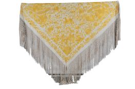 A large Chinese 19th century gold silk embroidered cream shawl, two corners embroidered with large