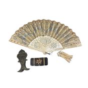 A group of three decorative items, comprising a horn and inlaid bone snuff box with geometric star