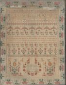 A sampler by Elizabeth King, dated July 20th 1801, worked on a fine linen ground with a wide
