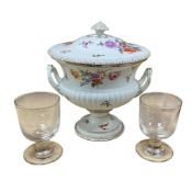 A large Berlin porcelain flower painted urn and cover, 19th century and two diamond point engraved