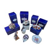 Six Royal Crown Derby porcelain animal paperweights, largest height 13cm and a Derby Posies pin