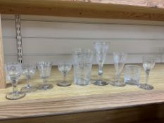 Two early 19th century ale glasses with engraved conical bowls, five cordial glasses and two