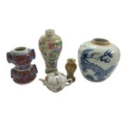 Group of Chinese porcelain to include a 19th century famille rose vase, height 26cm and a blue and