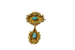 An early 20th century yellow metal and two stone turquoise set drop brooch, with scroll borders,