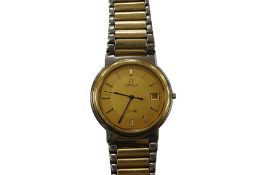 A gentleman's circa 1980's steel and gold plated Omega De Ville quartz wrist watch, with baton
