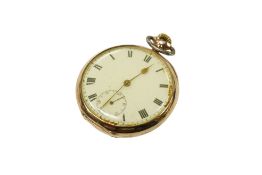 A 9ct gold open faced keyless pocket watch, with Roman dial and subsidiary seconds, case diamater