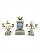 A late 19th century French ormolu mounted white marble three piece clock gartniture, with pendulum
