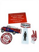 A Mobiloil enamel sign modelled as a truck, length 30cm, three other related enamel signs, Texaco,