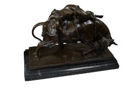 A large bronze, Europa and the Bull, on black marble plinth, 44cm wide