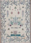 A George III sampler, by Sarah Mallam, dated 1799. Worked on fine gauze with a heavy vining floral