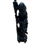A large Chinese hardwood and silver wire inlaid figure of Shou Lao, mounted as a lamp, overall
