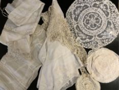 19th century lace etc; including a Brussels hand made lace wedding hankie, a white worked fine linen