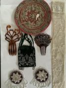 A 19th century ladies cut steel green velvet purse, an Indian red velvet embroidered gold and sequin