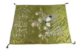 An early to mid 20th century Japanese green silk satin embroidered hanging or fukusa, with two red