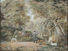 A maple framed early 19th century silk worked embroidery hunting scene, of two gentlemen, one on