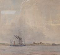 Imogen Yeo, 'Barges on the Blackwater', signed, label verso, watercolour, 29 x 31cm