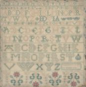 A fine early George III alphabet sampler, by Margaret Duff dated 1766. Worked on fine linen, in