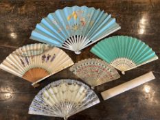 An Edwardian rose painted bone brise fan, a large turquoise silk fan, a mother of pearl with figural