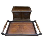 An Art Nouveau mahogany stationery cabinet, and a tray decorated with pokerwork swans, cabinet 41cm
